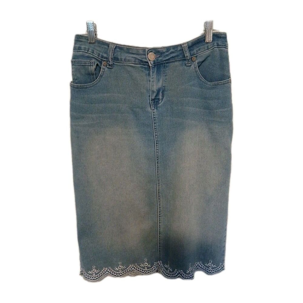 Be Girl Blue Jean Midi Skirt Embroidered Trim Light Wash Sz XS Boho Lightweight